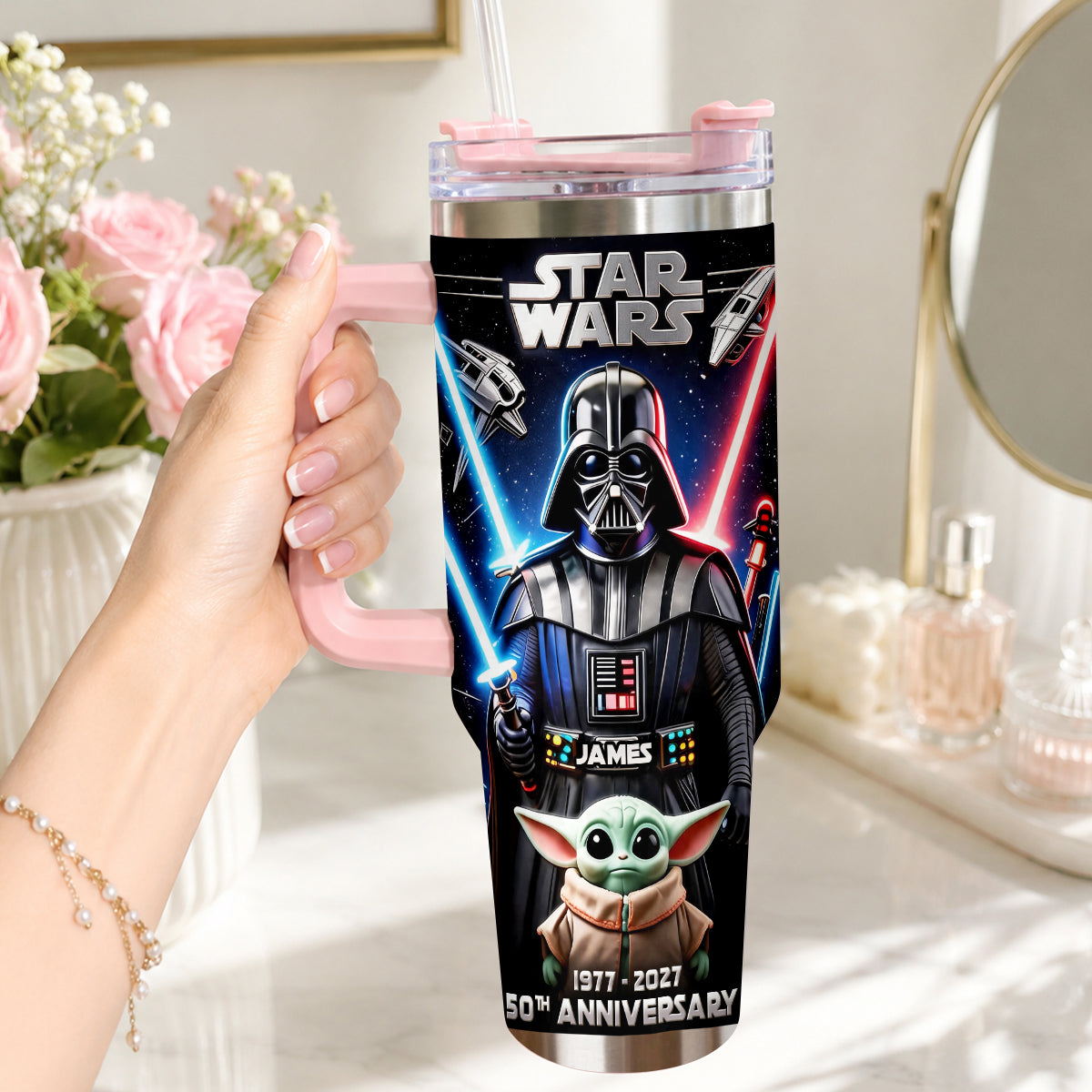 Personalized Star Wars Tumbler with Plush Charm for 50th Anniversary Gift Tumbler With Plush Charm GradoCreations
