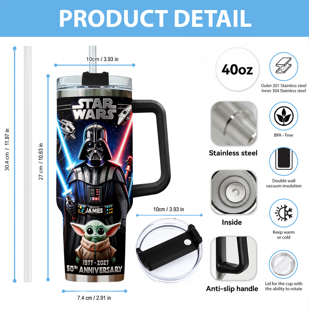 Personalized Star Wars Tumbler with Plush Charm for 50th Anniversary Gift Tumbler With Plush Charm GradoCreations