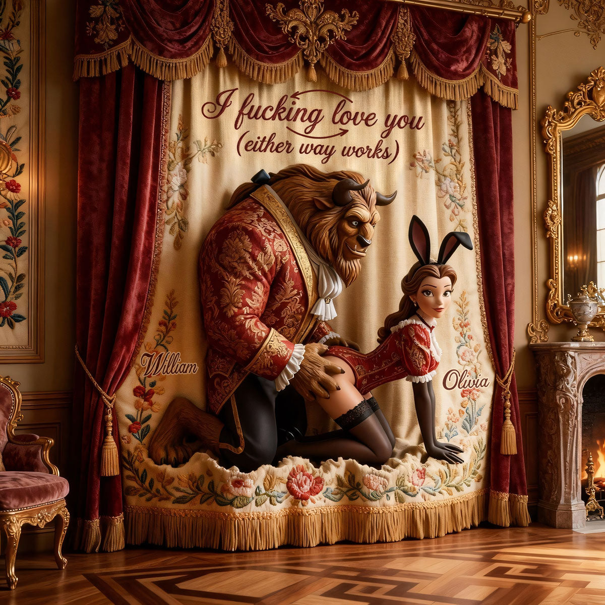 Funny Personalized Beauty and the Beast Tapestry Curtain Set Window Curtains GradoCreations