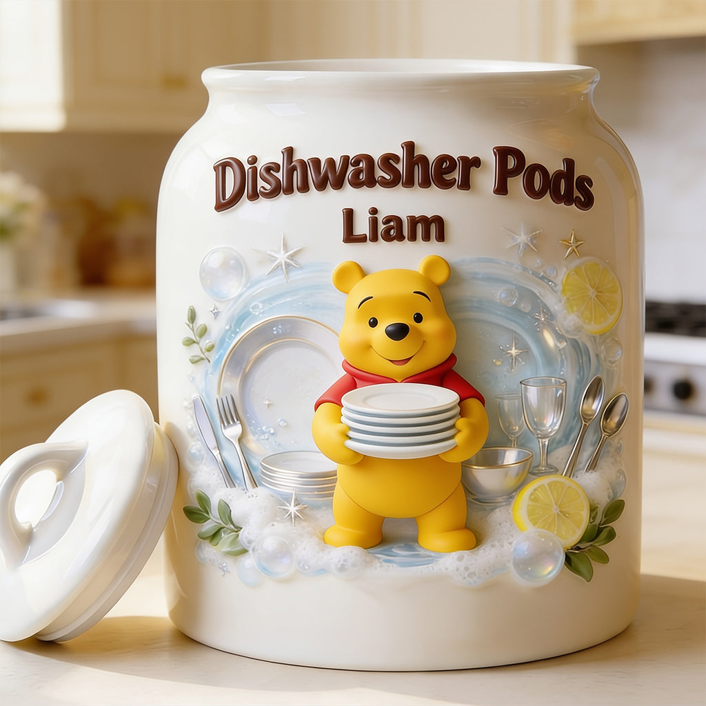 Personalized Yellow Bear Cookie Jar with Custom Name - Dishwasher Pods Gift Cookie Jar GradoCreations