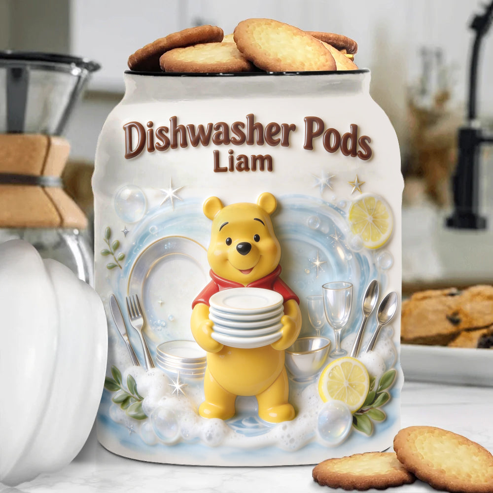 Personalized Yellow Bear Cookie Jar with Custom Name - Dishwasher Pods Gift Cookie Jar GradoCreations