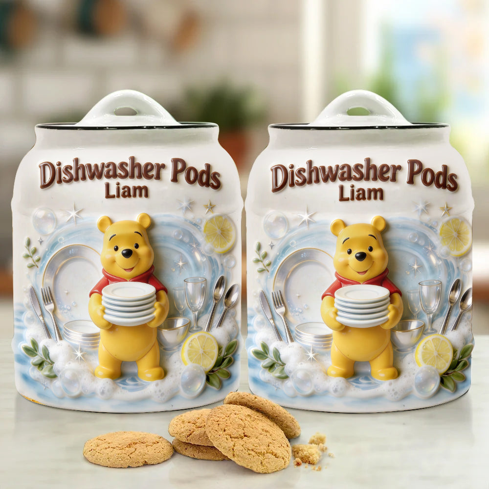 Personalized Yellow Bear Cookie Jar with Custom Name - Dishwasher Pods Gift Cookie Jar GradoCreations