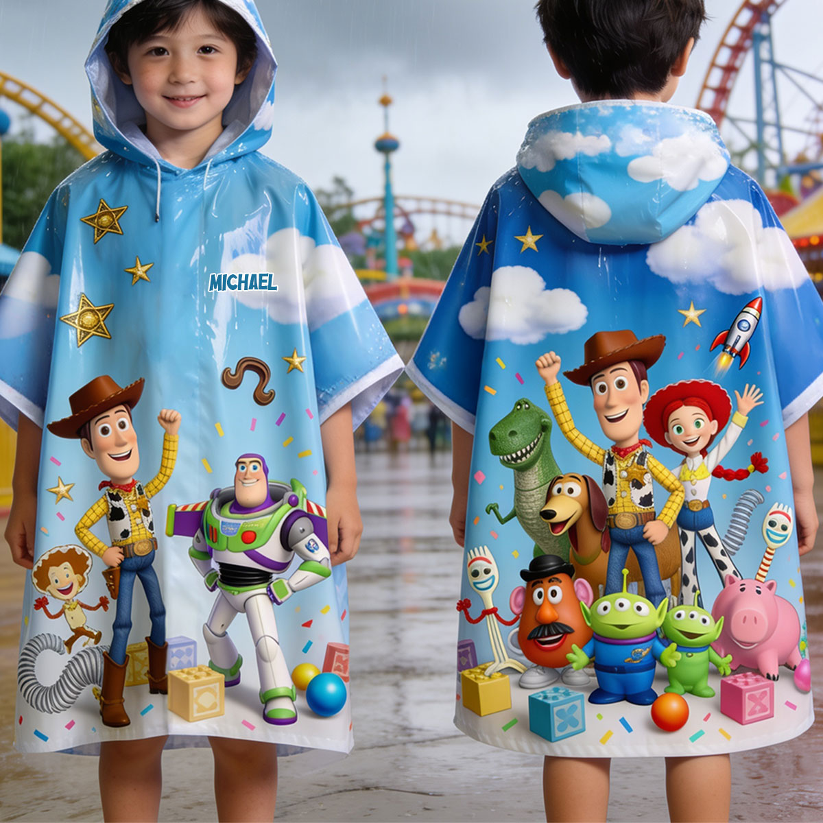 Personalized Kids Rain Poncho with Toy Characters for Fun Protection Rain Poncho Coat GradoCreations