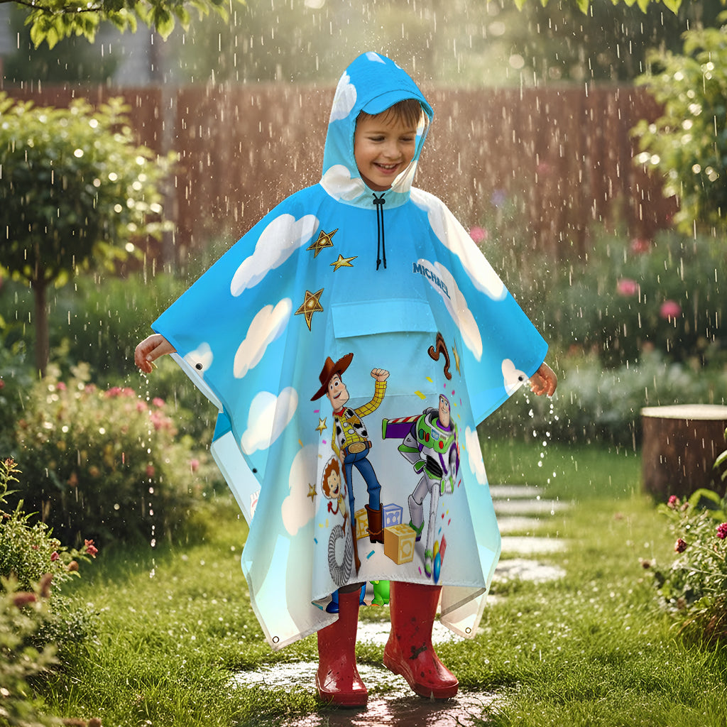 Personalized Kids Rain Poncho with Toy Characters for Fun Protection Rain Poncho Coat GradoCreations