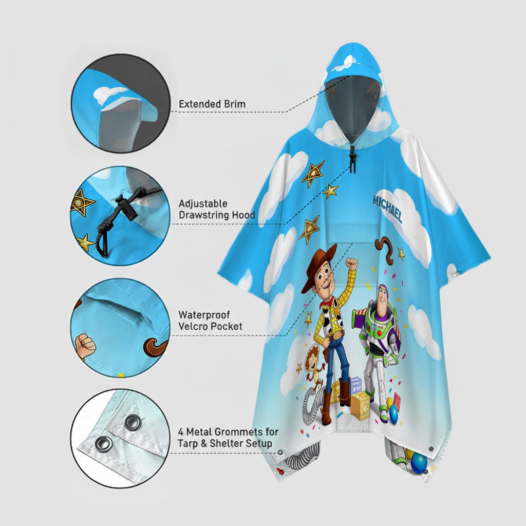 Personalized Kids Rain Poncho with Toy Characters for Fun Protection Rain Poncho Coat GradoCreations