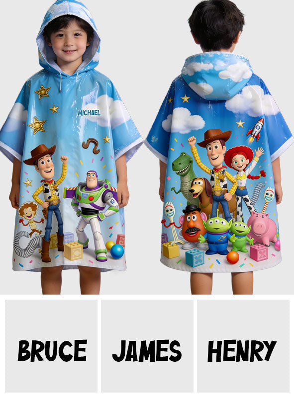 Personalized Kids Rain Poncho with Toy Characters for Fun Protection Rain Poncho Coat GradoCreations
