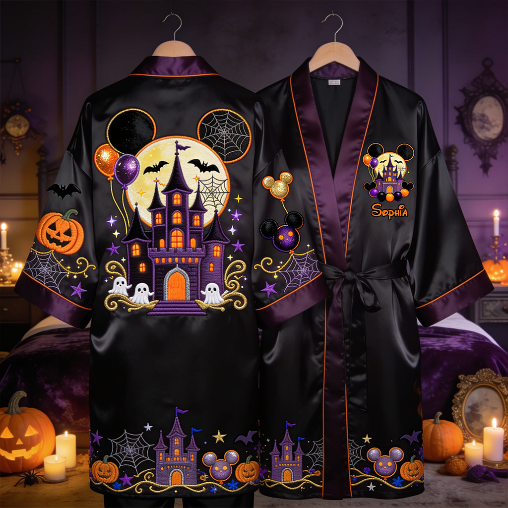 Personalized Halloween Satin Robe with Magical Castle Design Satin Robe GradoCreations