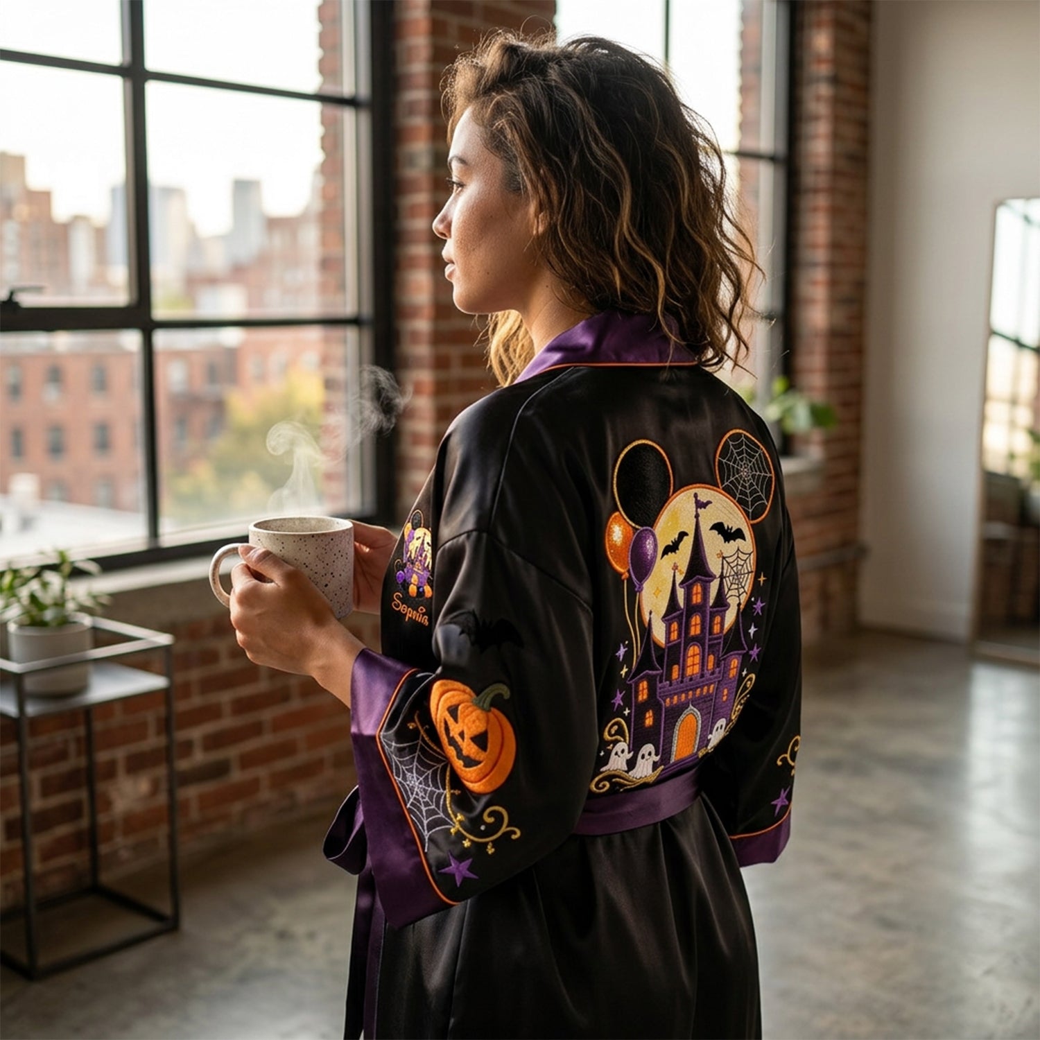 Personalized Halloween Satin Robe with Magical Castle Design Satin Robe GradoCreations