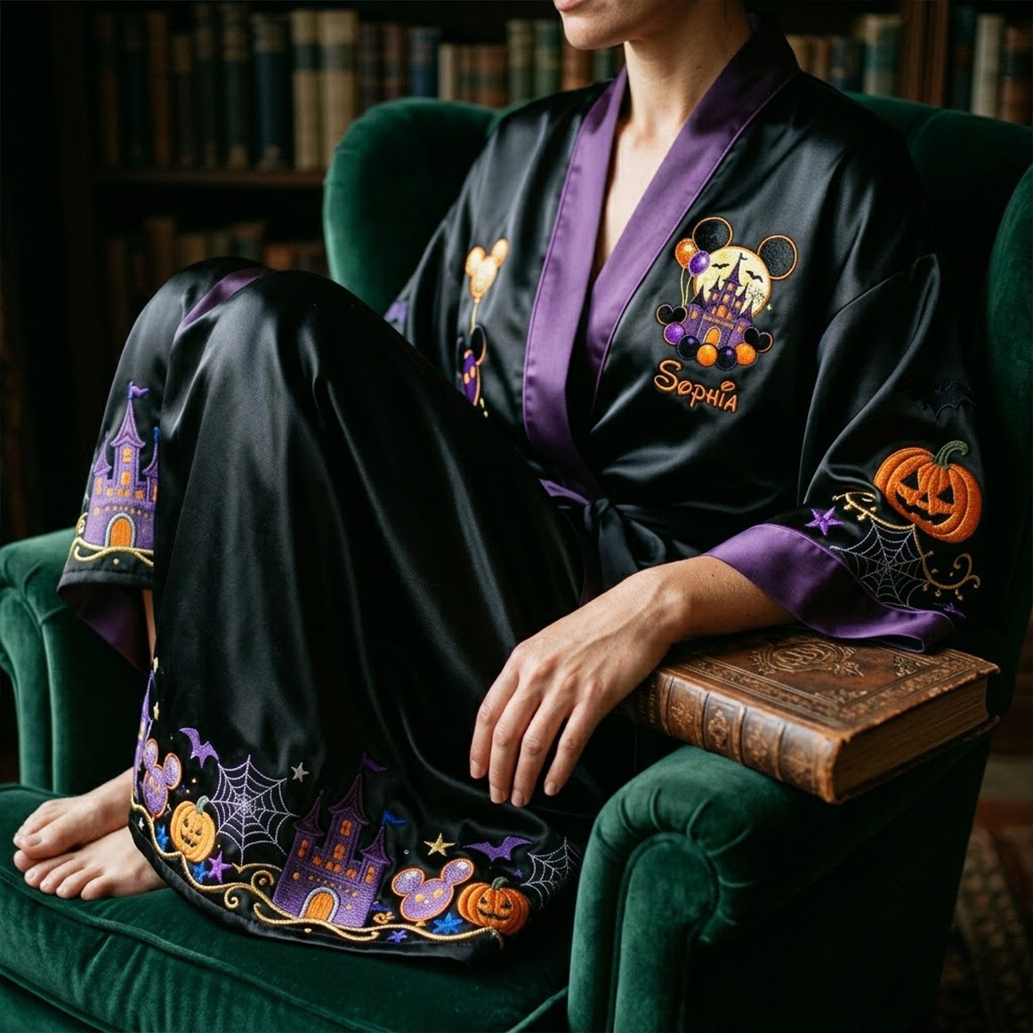 Personalized Halloween Satin Robe with Magical Castle Design Satin Robe GradoCreations