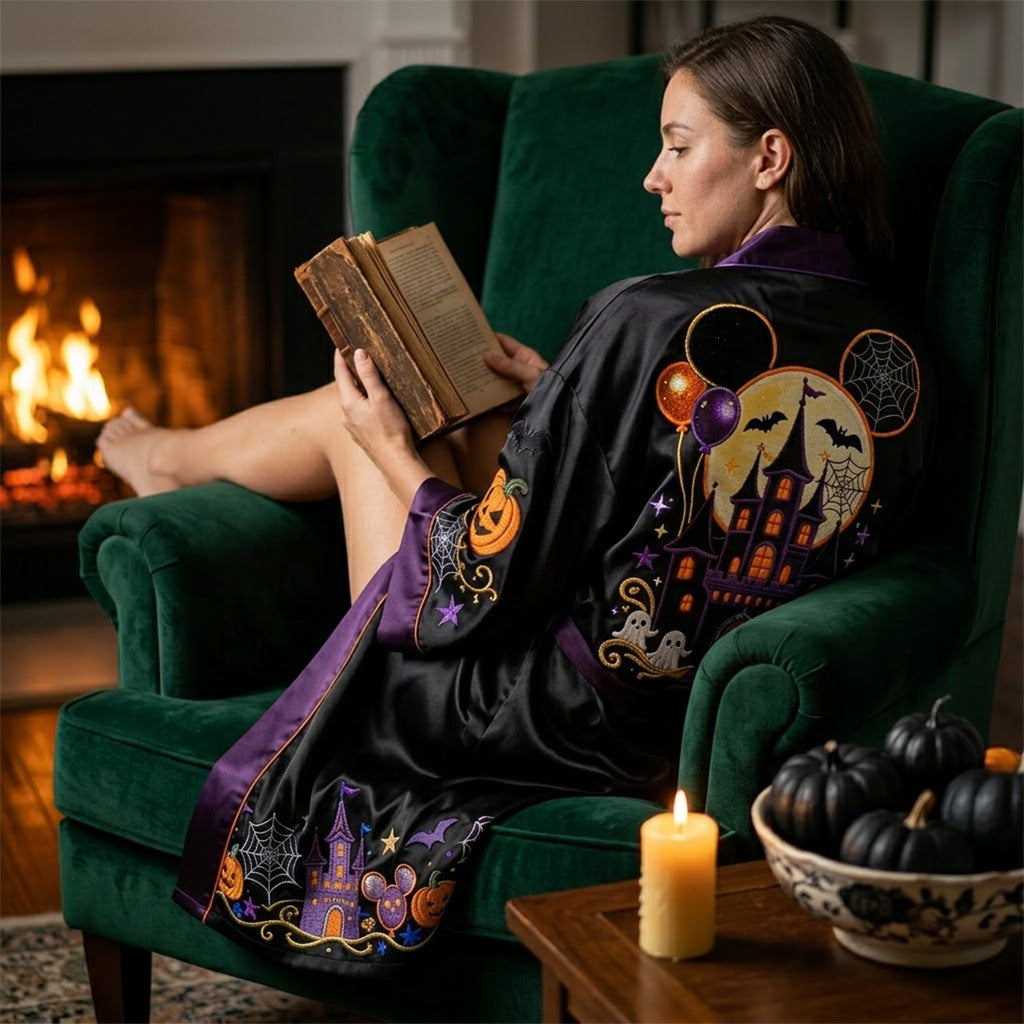 Personalized Halloween Satin Robe with Magical Castle Design Satin Robe GradoCreations