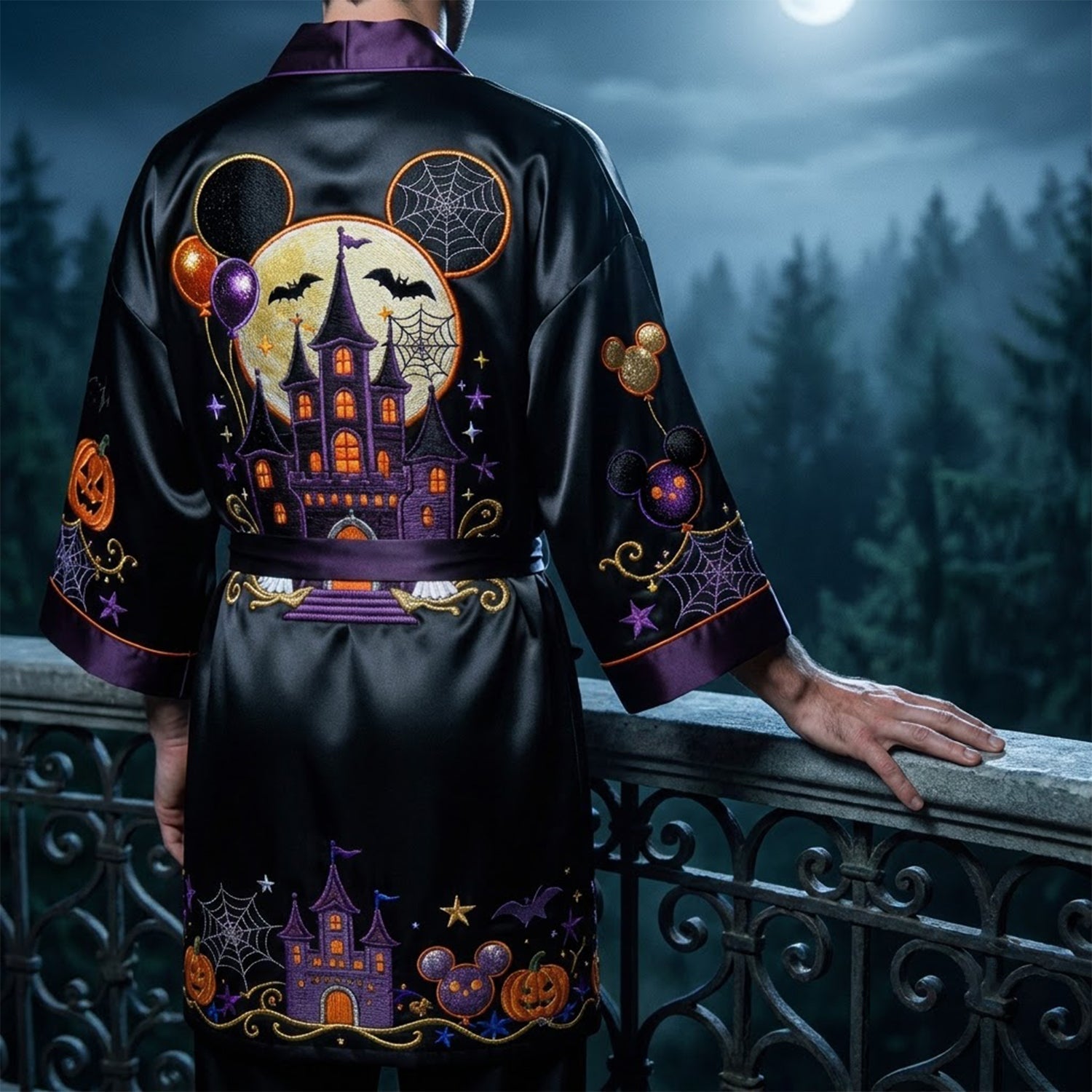 Personalized Halloween Satin Robe with Magical Castle Design Satin Robe GradoCreations