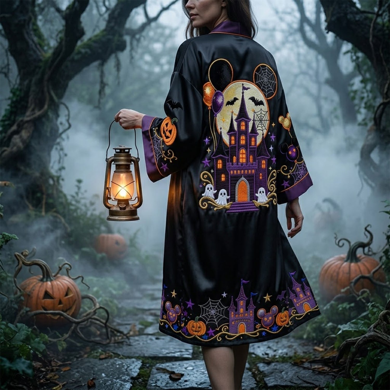 Personalized Halloween Satin Robe with Magical Castle Design Satin Robe GradoCreations