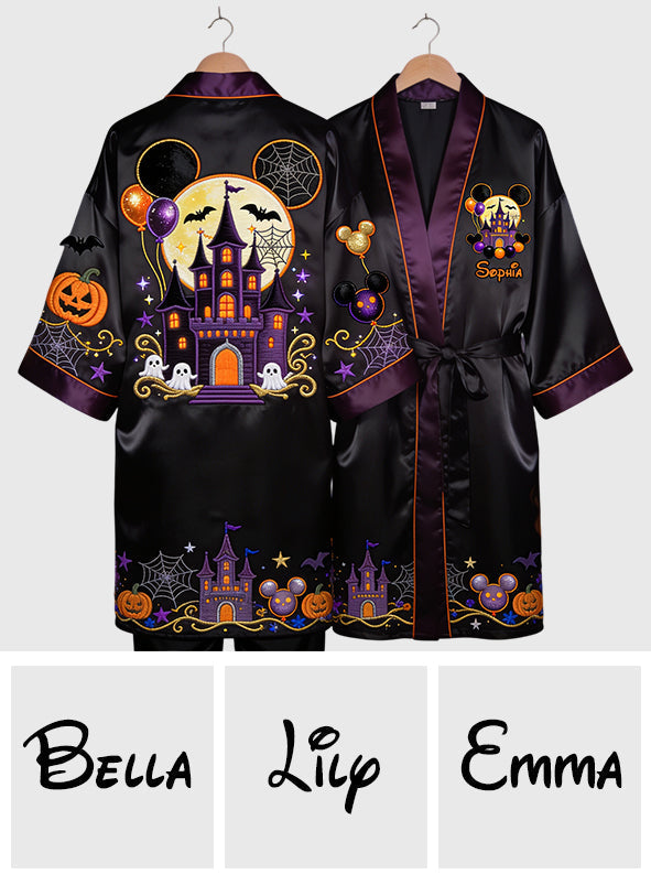 Personalized Halloween Satin Robe with Magical Castle Design Satin Robe GradoCreations