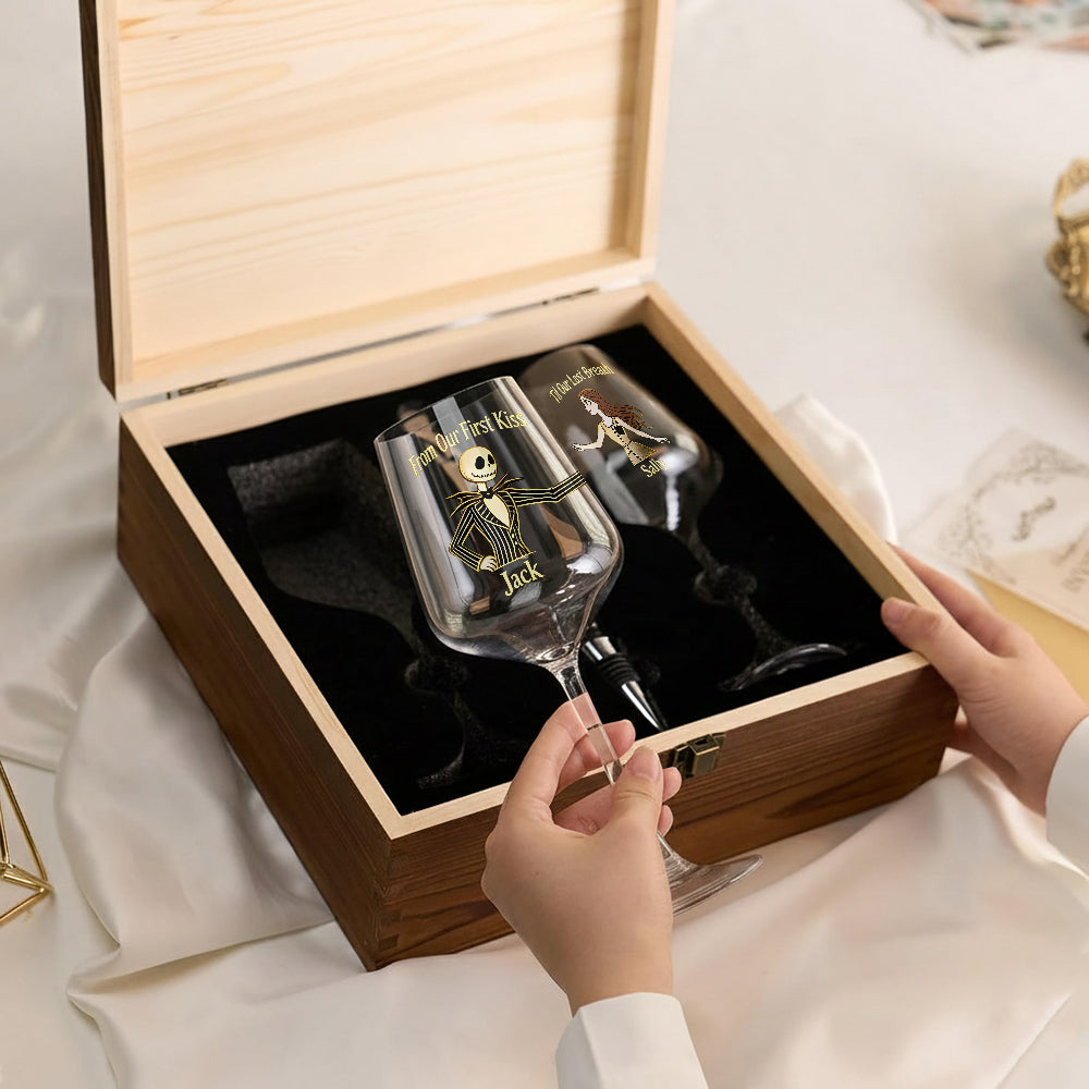 Personalized Wine Glasses Set with Wooden Box for Couples Wine Glasses Set With Wooden Box GradoCreations