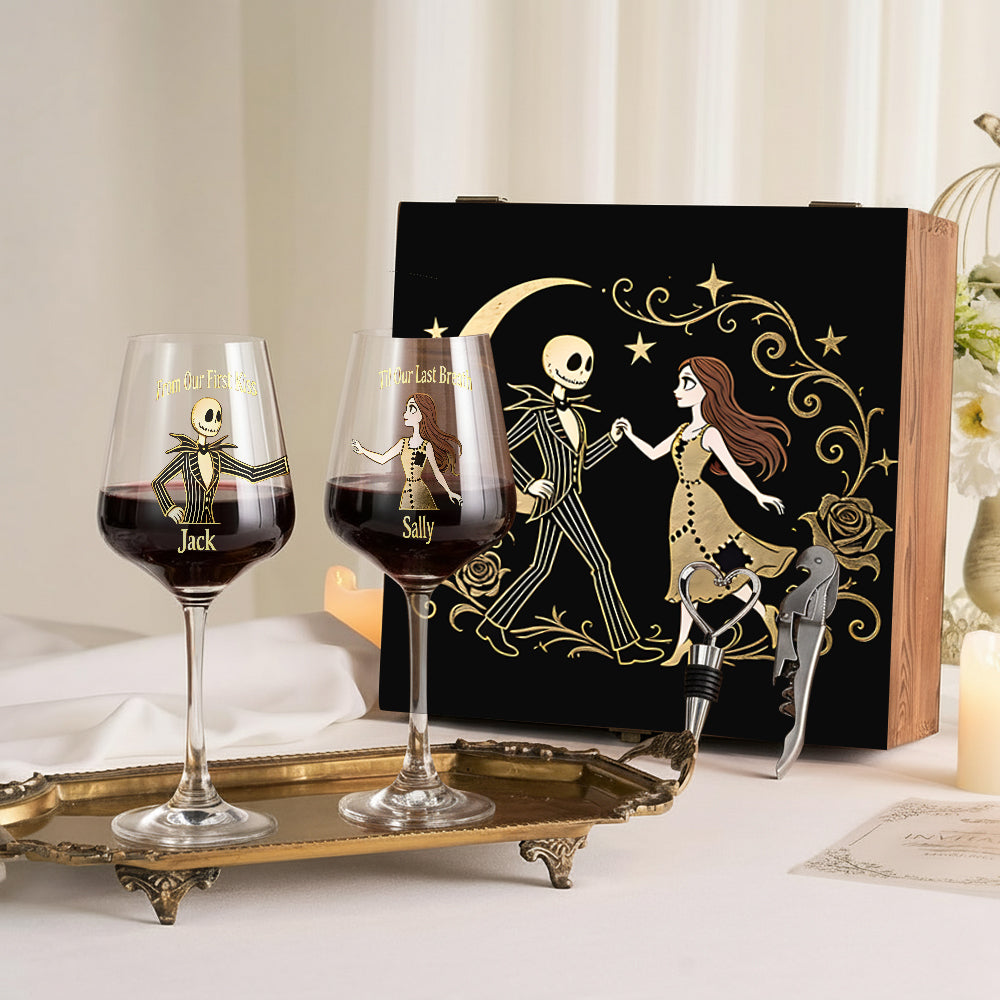 Personalized Wine Glasses Set with Wooden Box for Couples Wine Glasses Set With Wooden Box GradoCreations