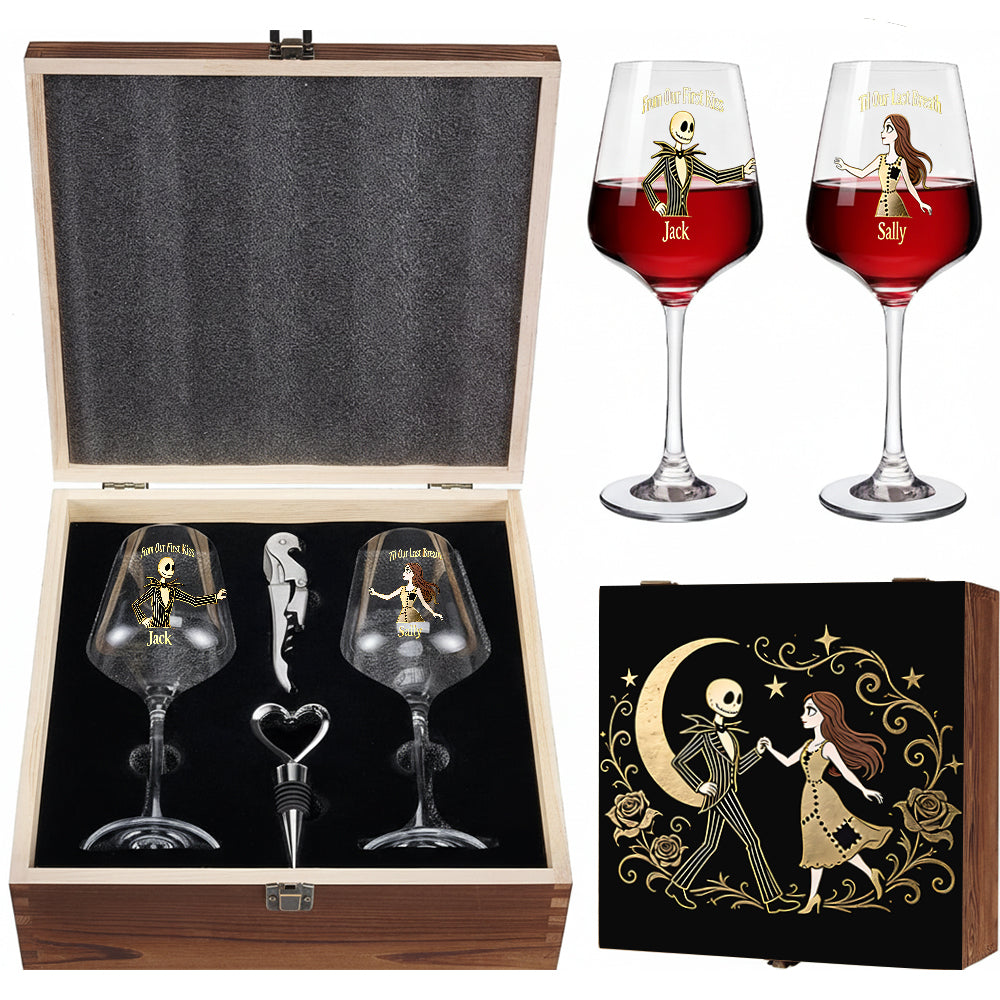 Personalized Wine Glasses Set with Wooden Box for Couples Wine Glasses Set With Wooden Box GradoCreations