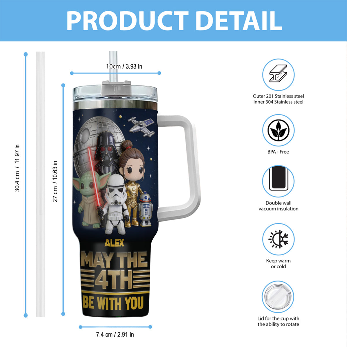 Personalized Star Wars May The 4th Tumbler with Handle Gift Tumbler With Handle GradoCreations