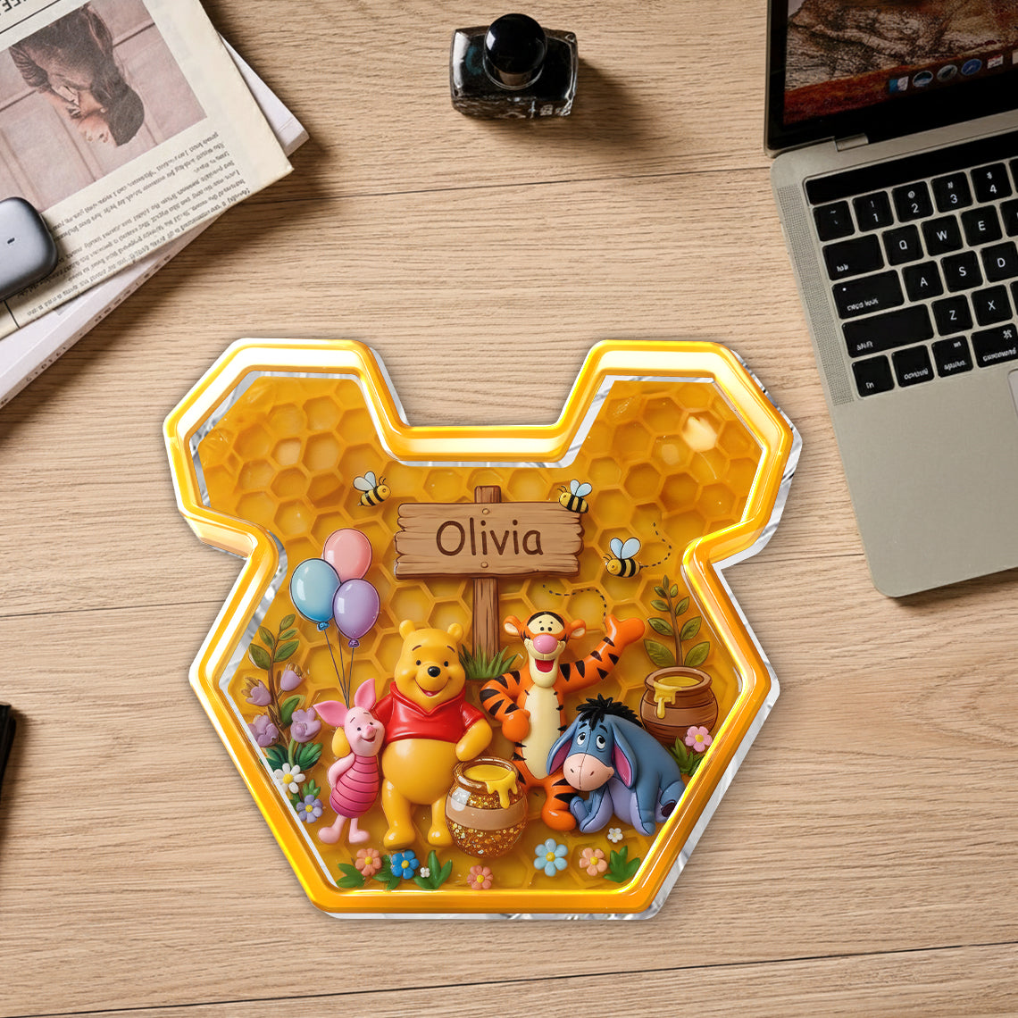 Personalized Yellow Bear Catch-All Tray for Kids - Acrylic Gift Catch-All Tray GradoCreations