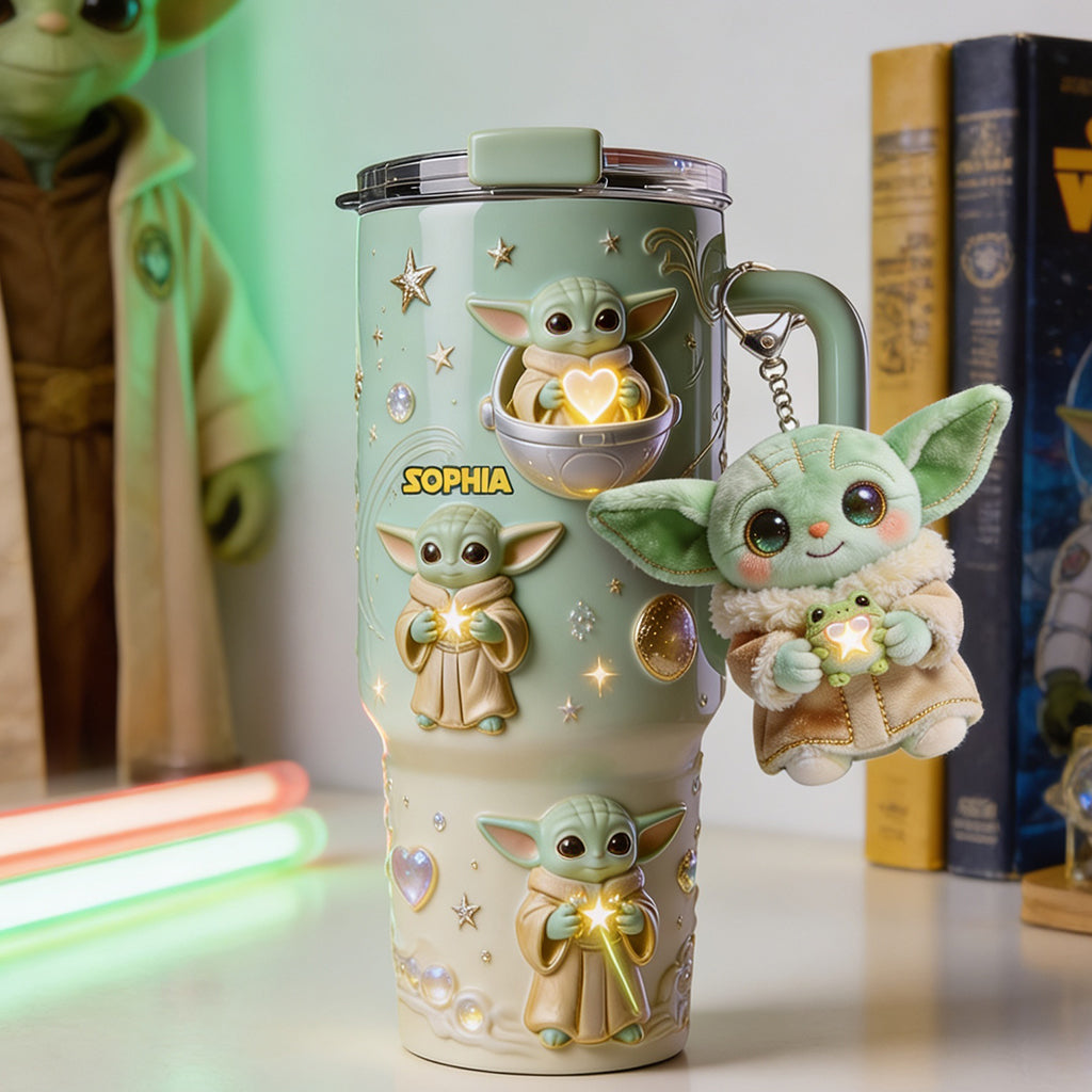 Personalized Baby Yoda Tumbler with Plush Charm Gift for Kids Tumbler With Plush Charm GradoCreations