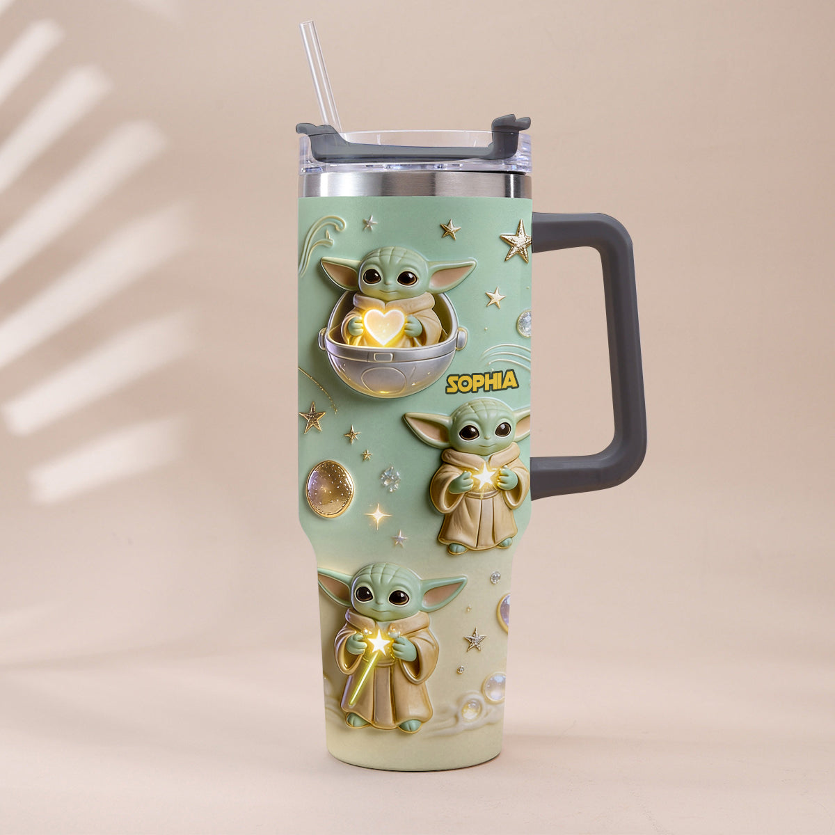 Personalized Baby Yoda Tumbler with Plush Charm Gift for Kids Tumbler With Plush Charm GradoCreations