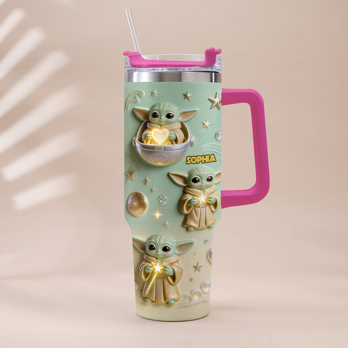Personalized Baby Yoda Tumbler with Plush Charm Gift for Kids Tumbler With Plush Charm GradoCreations