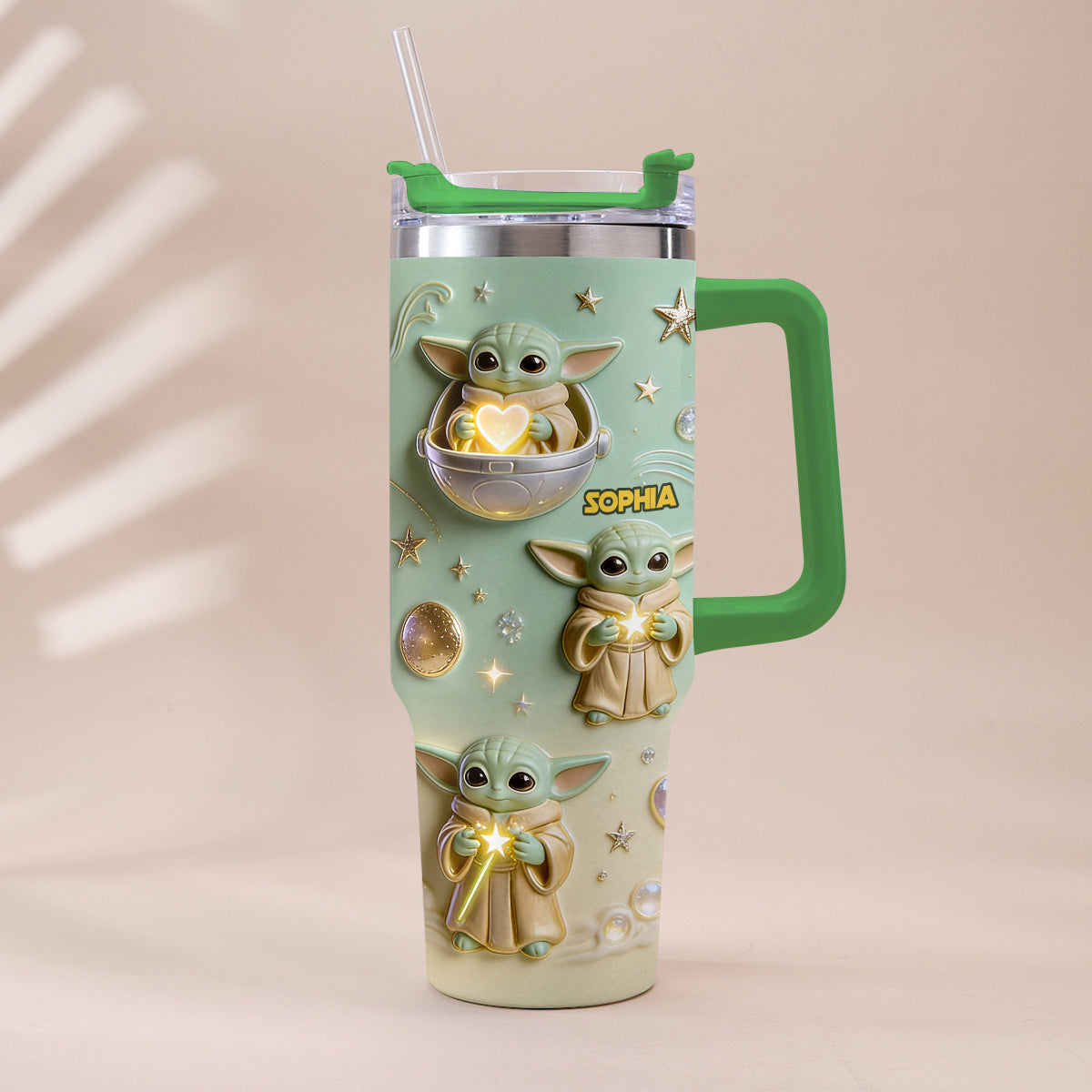 Personalized Baby Yoda Tumbler with Plush Charm Gift for Kids Tumbler With Plush Charm GradoCreations