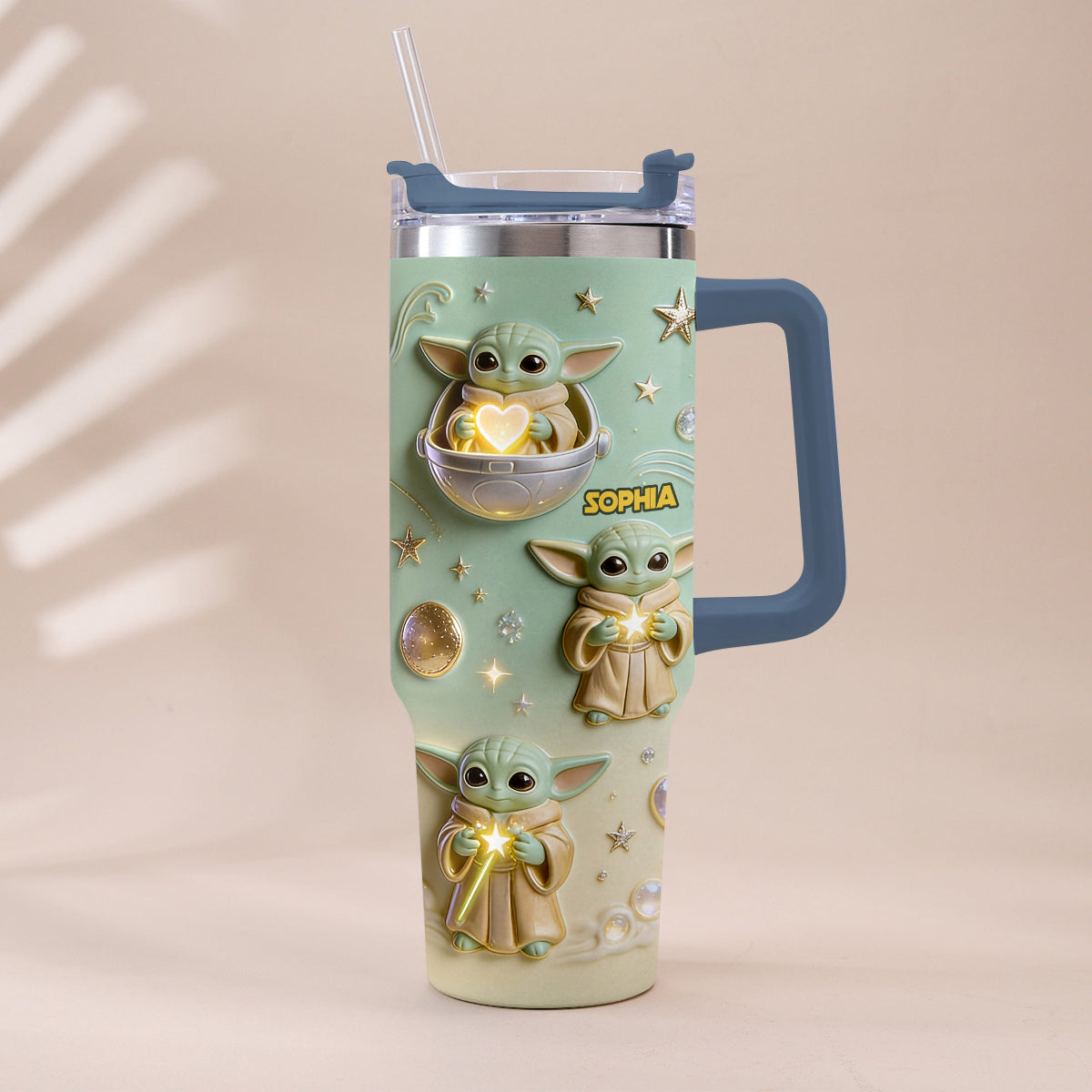 Personalized Baby Yoda Tumbler with Plush Charm Gift for Kids Tumbler With Plush Charm GradoCreations