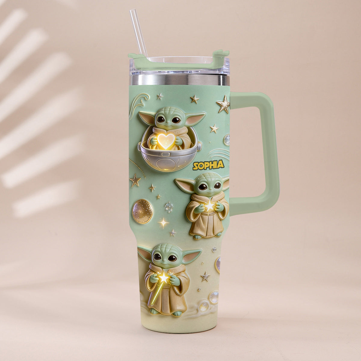 Personalized Baby Yoda Tumbler with Plush Charm Gift for Kids Tumbler With Plush Charm GradoCreations