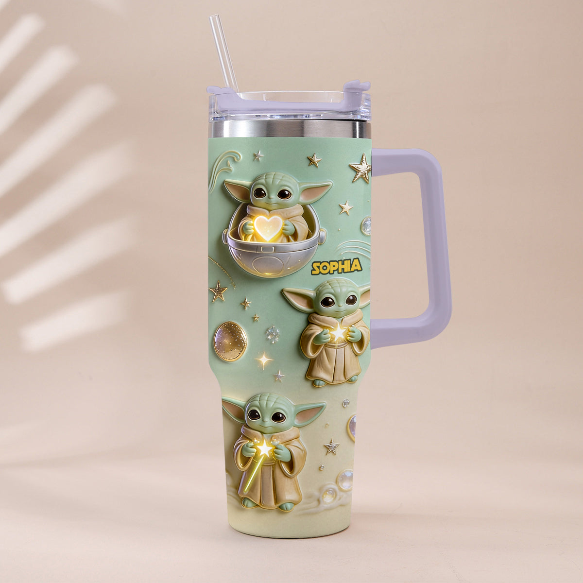 Personalized Baby Yoda Tumbler with Plush Charm Gift for Kids Tumbler With Plush Charm GradoCreations
