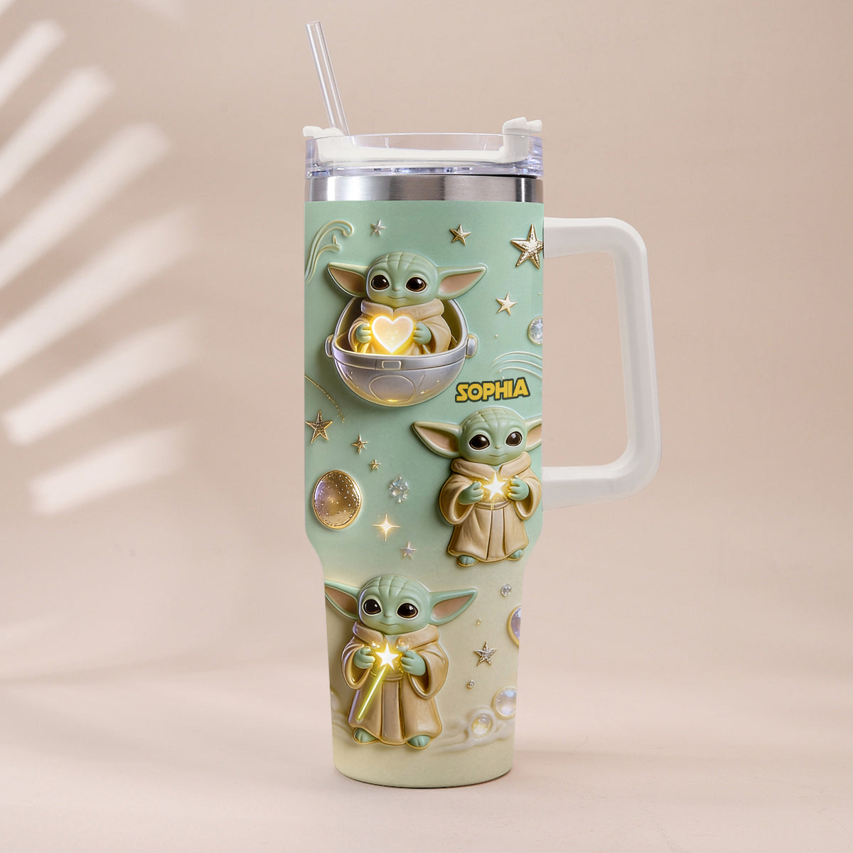 Personalized Baby Yoda Tumbler with Plush Charm Gift for Kids Tumbler With Plush Charm GradoCreations