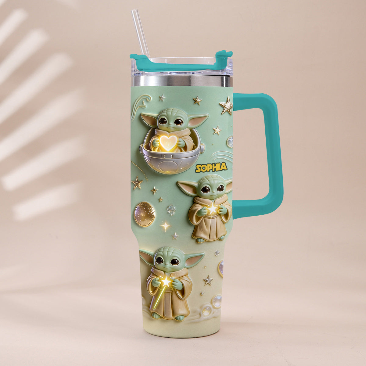 Personalized Baby Yoda Tumbler with Plush Charm Gift for Kids Tumbler With Plush Charm GradoCreations