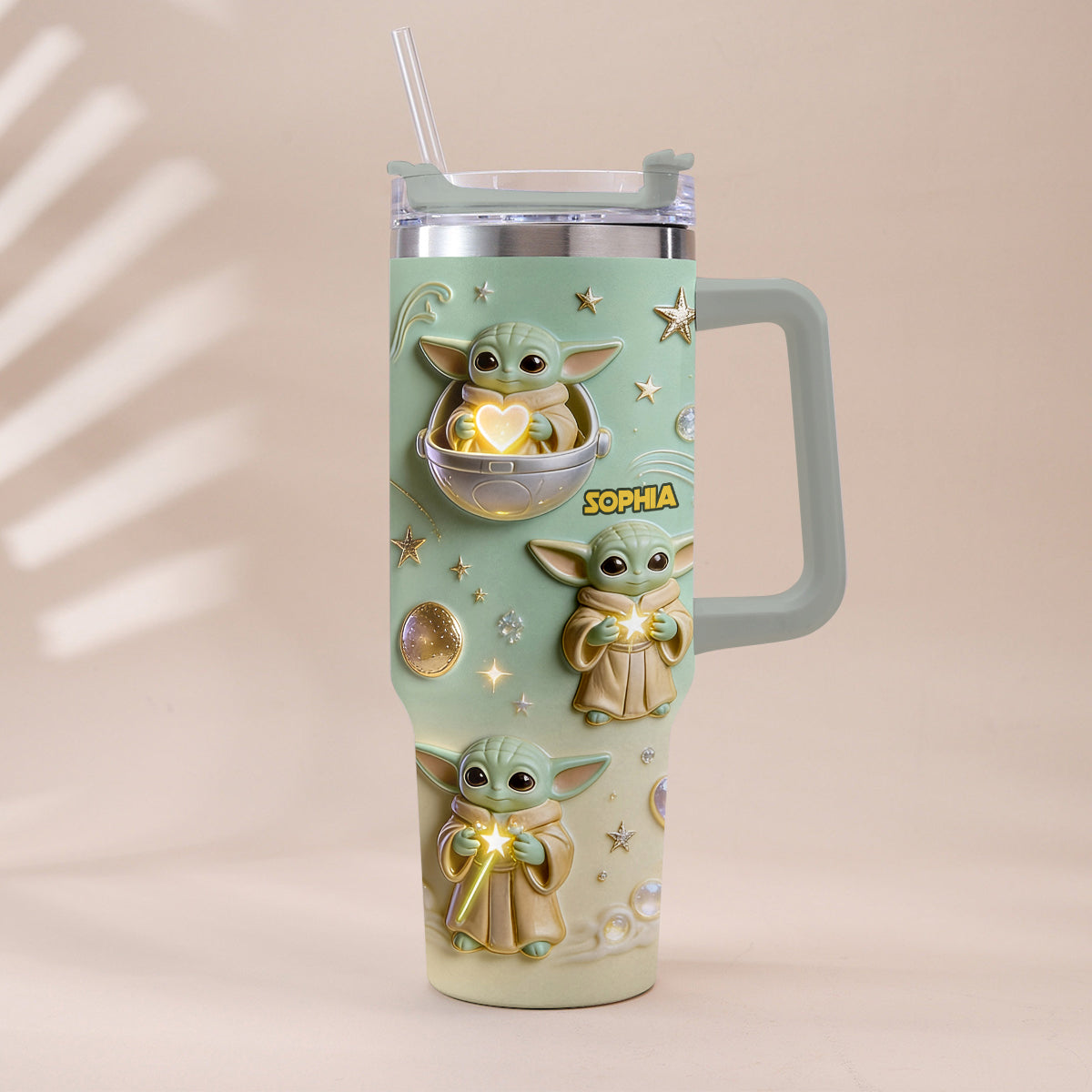 Personalized Baby Yoda Tumbler with Plush Charm Gift for Kids Tumbler With Plush Charm GradoCreations