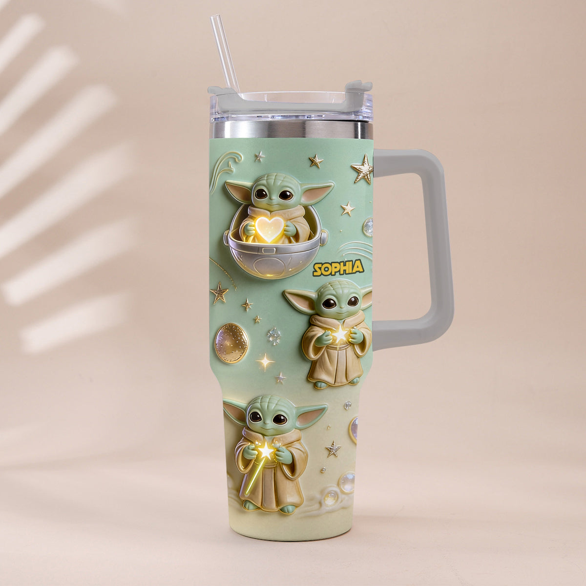Personalized Baby Yoda Tumbler with Plush Charm Gift for Kids Tumbler With Plush Charm GradoCreations