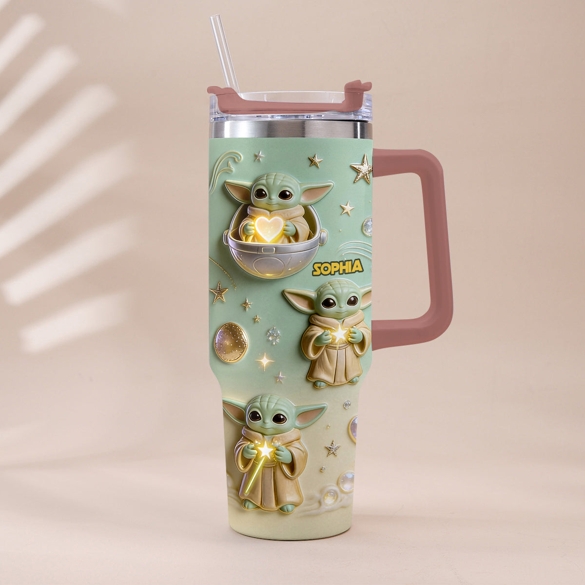 Personalized Baby Yoda Tumbler with Plush Charm Gift for Kids Tumbler With Plush Charm GradoCreations