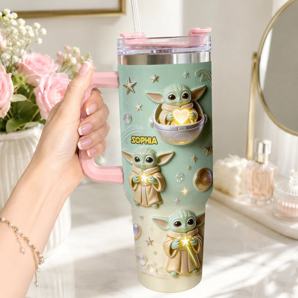 Personalized Baby Yoda Tumbler with Plush Charm Gift for Kids Tumbler With Plush Charm GradoCreations