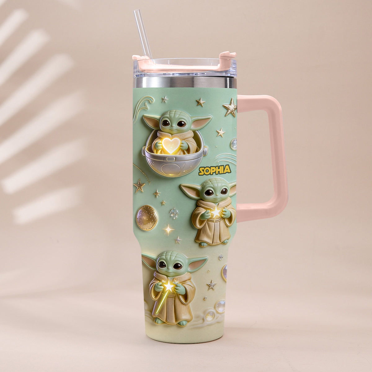 Personalized Baby Yoda Tumbler with Plush Charm Gift for Kids Tumbler With Plush Charm GradoCreations