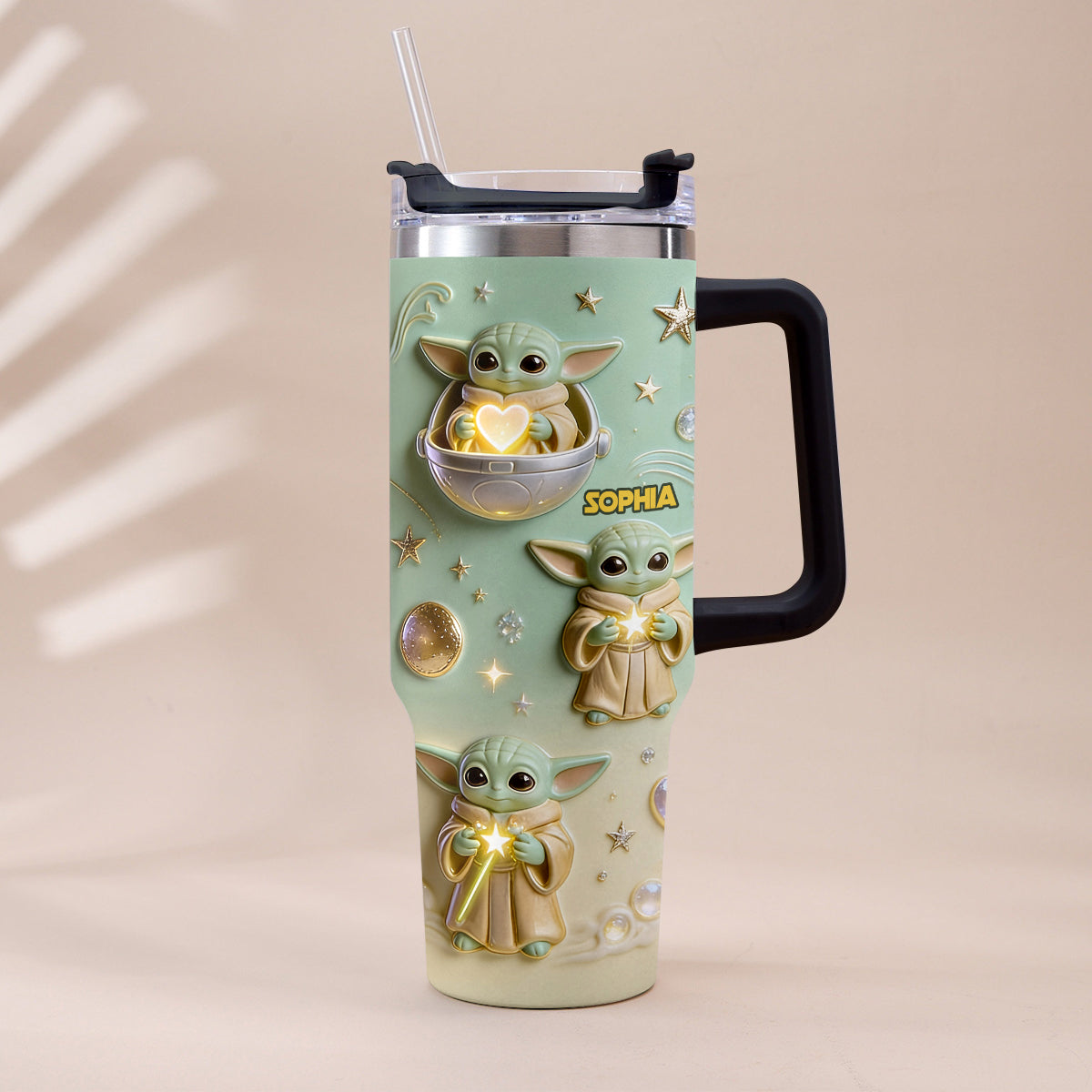 Personalized Baby Yoda Tumbler with Plush Charm Gift for Kids Tumbler With Plush Charm GradoCreations