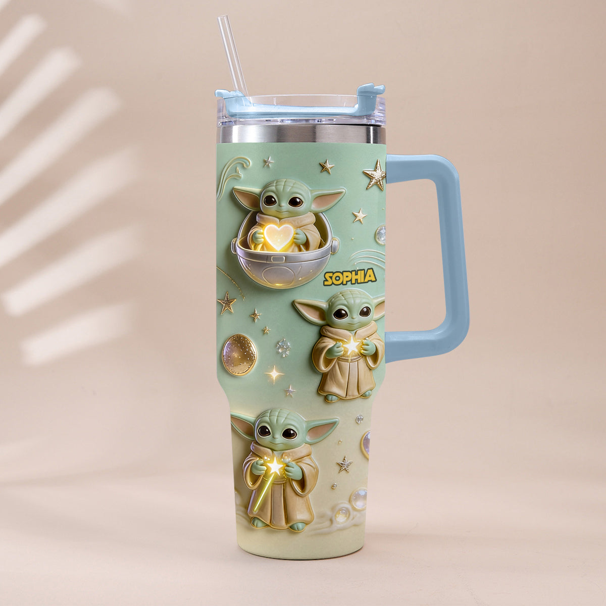 Personalized Baby Yoda Tumbler with Plush Charm Gift for Kids Tumbler With Plush Charm GradoCreations
