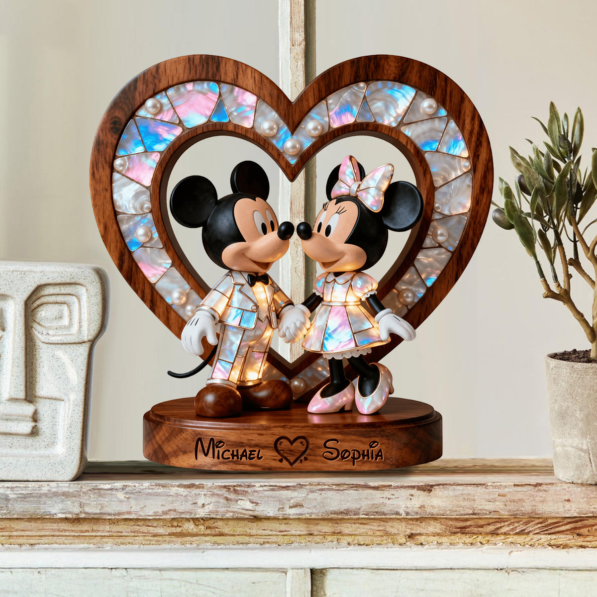 Personalized Mother of Pearl Mouse Couple Wood Plaque Gift Custom Shaped Wood Plaque GradoCreations