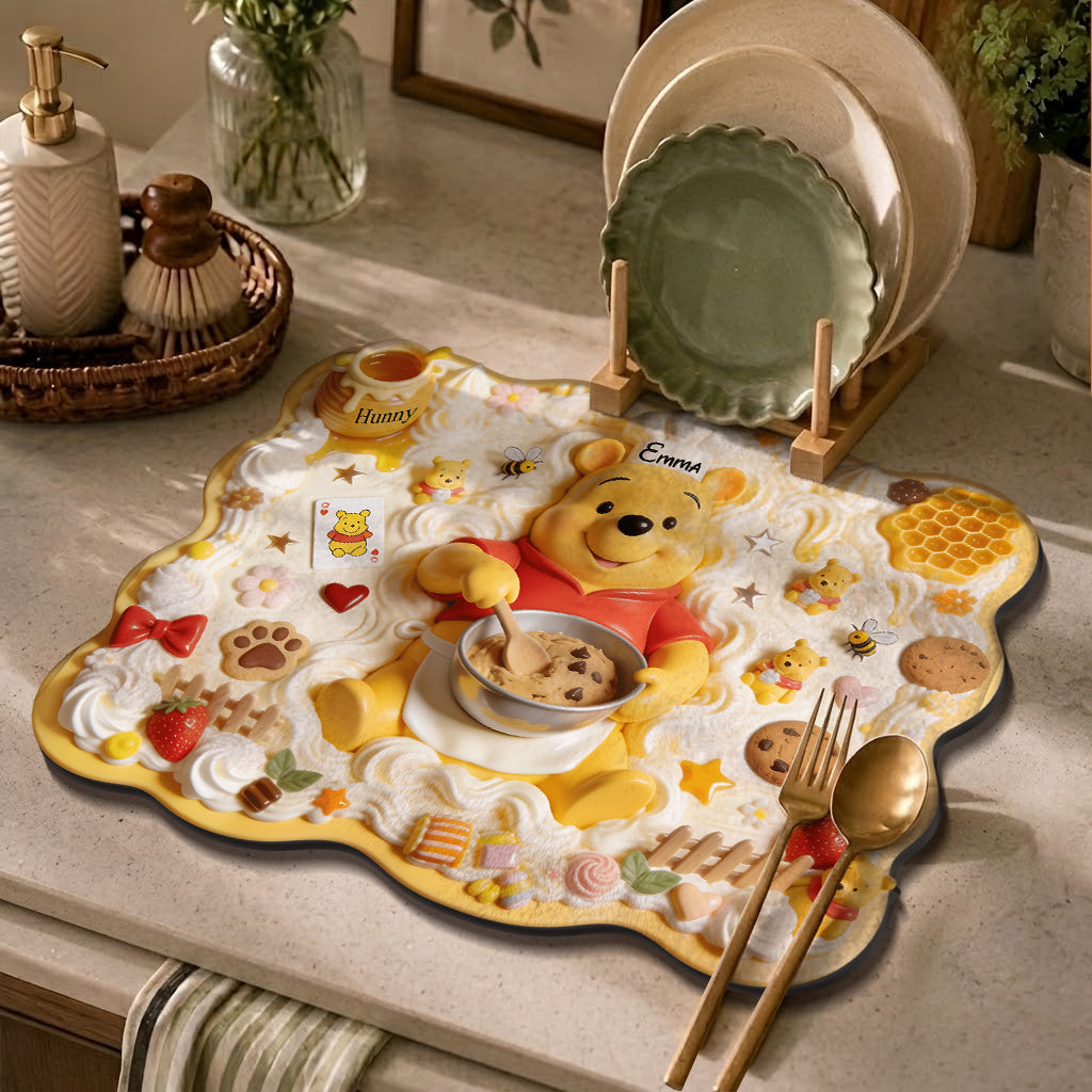 Personalized Yellow Bear Drying Mat Custom Name for Kitchen Drying Mat GradoCreations