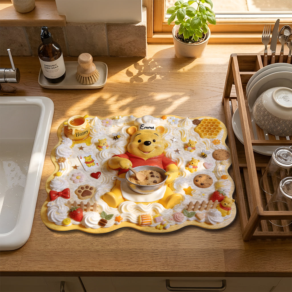 Personalized Yellow Bear Drying Mat Custom Name for Kitchen Drying Mat GradoCreations