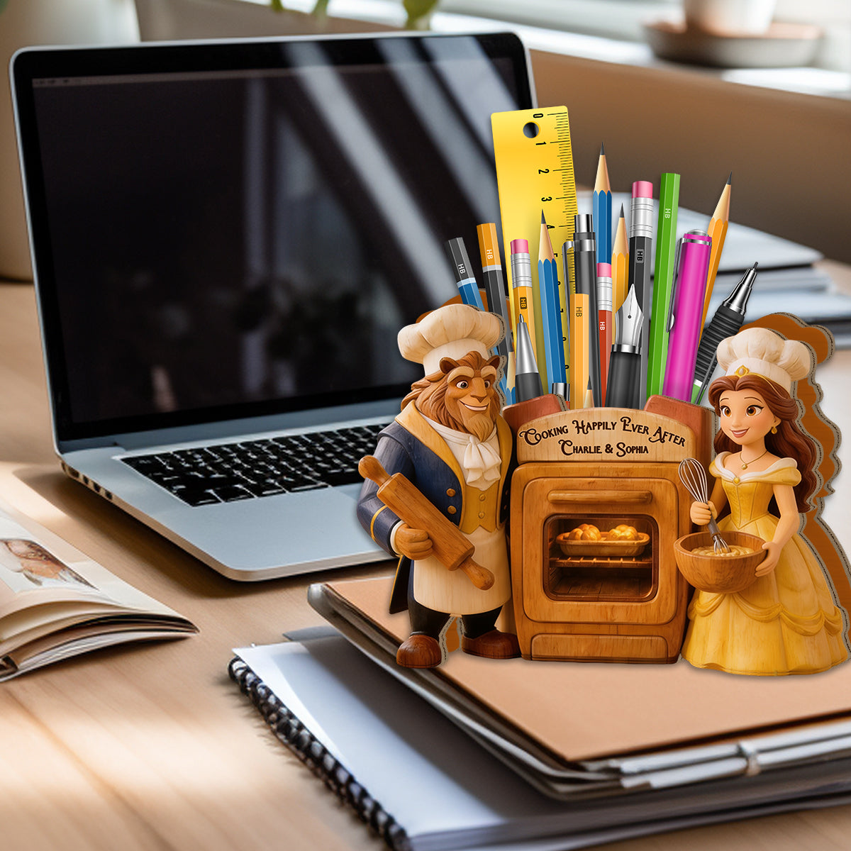 Personalized Beauty and the Beast Wooden Desk Organizer Gift for Couples Wooden Pen Holder GradoCreations