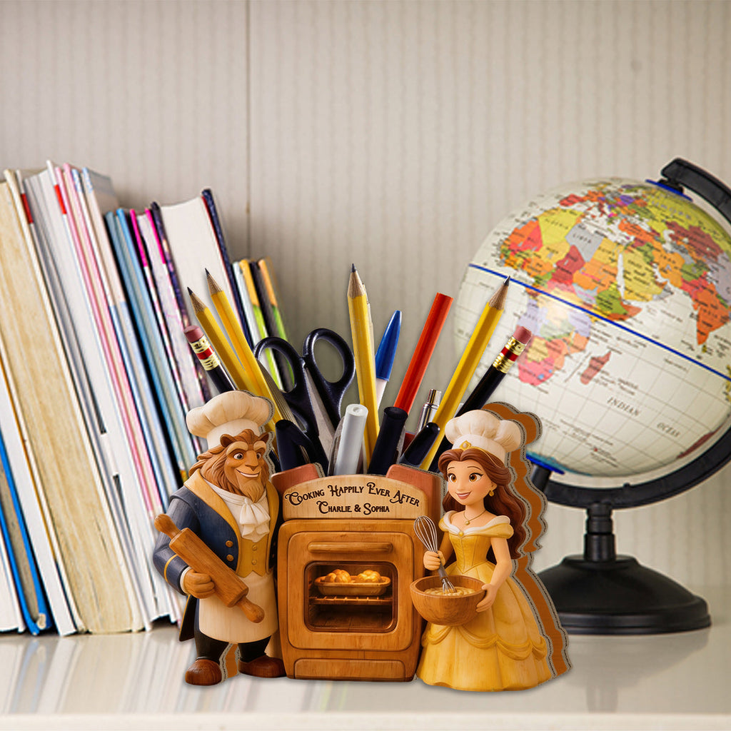 Personalized Beauty and the Beast Wooden Desk Organizer Gift for Couples Wooden Pen Holder GradoCreations