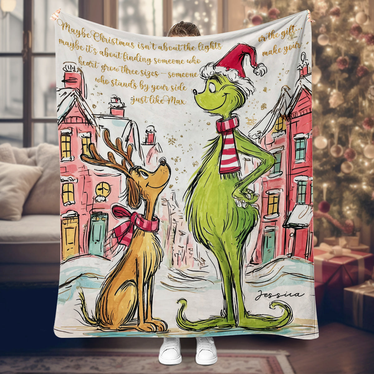 Personalized Grinch Christmas Blanket Custom Name Gift Blanket GradoCreations