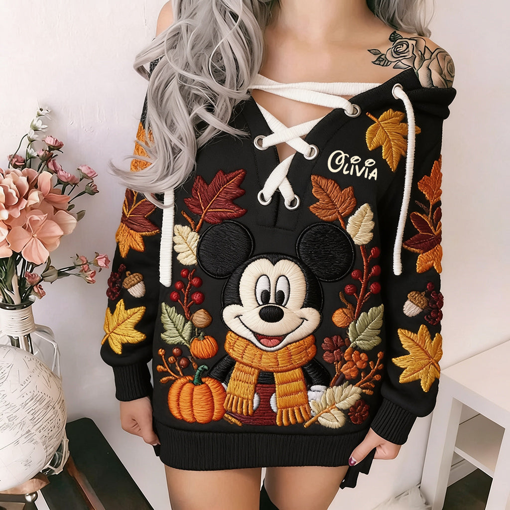 Personalized Fall Vibes Off Shoulder Dress with Mickey Embroidery Off shoulder dress GradoCreations