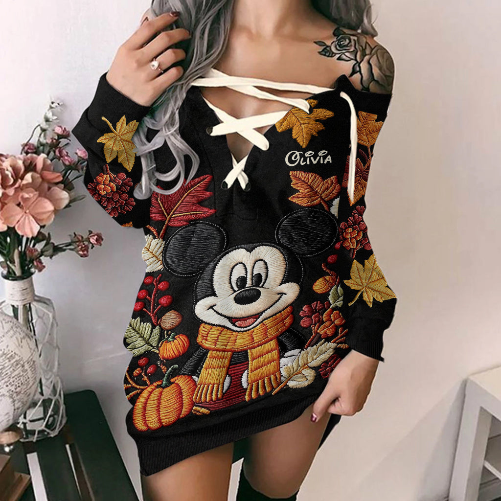 Personalized Fall Vibes Off Shoulder Dress with Mickey Embroidery Off shoulder dress GradoCreations