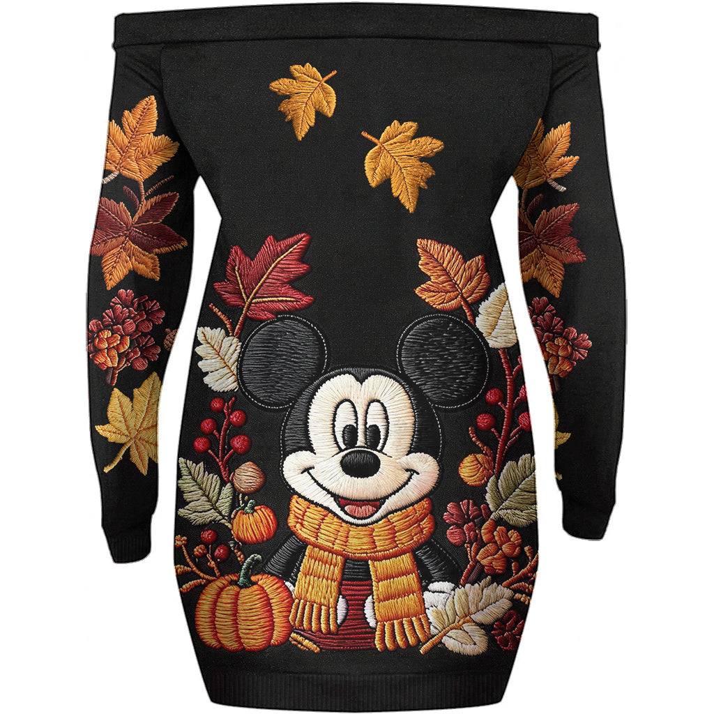 Personalized Fall Vibes Off Shoulder Dress with Mickey Embroidery Off shoulder dress GradoCreations