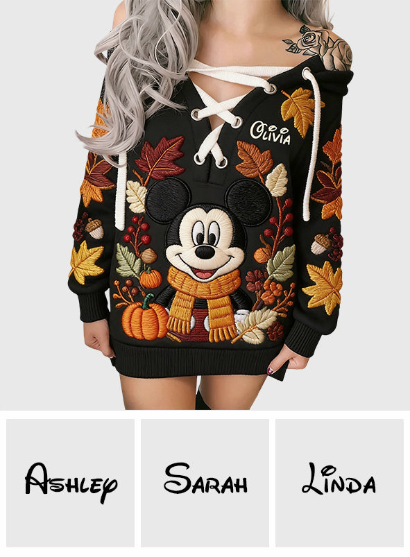 Personalized Fall Vibes Off Shoulder Dress with Mickey Embroidery Off shoulder dress GradoCreations