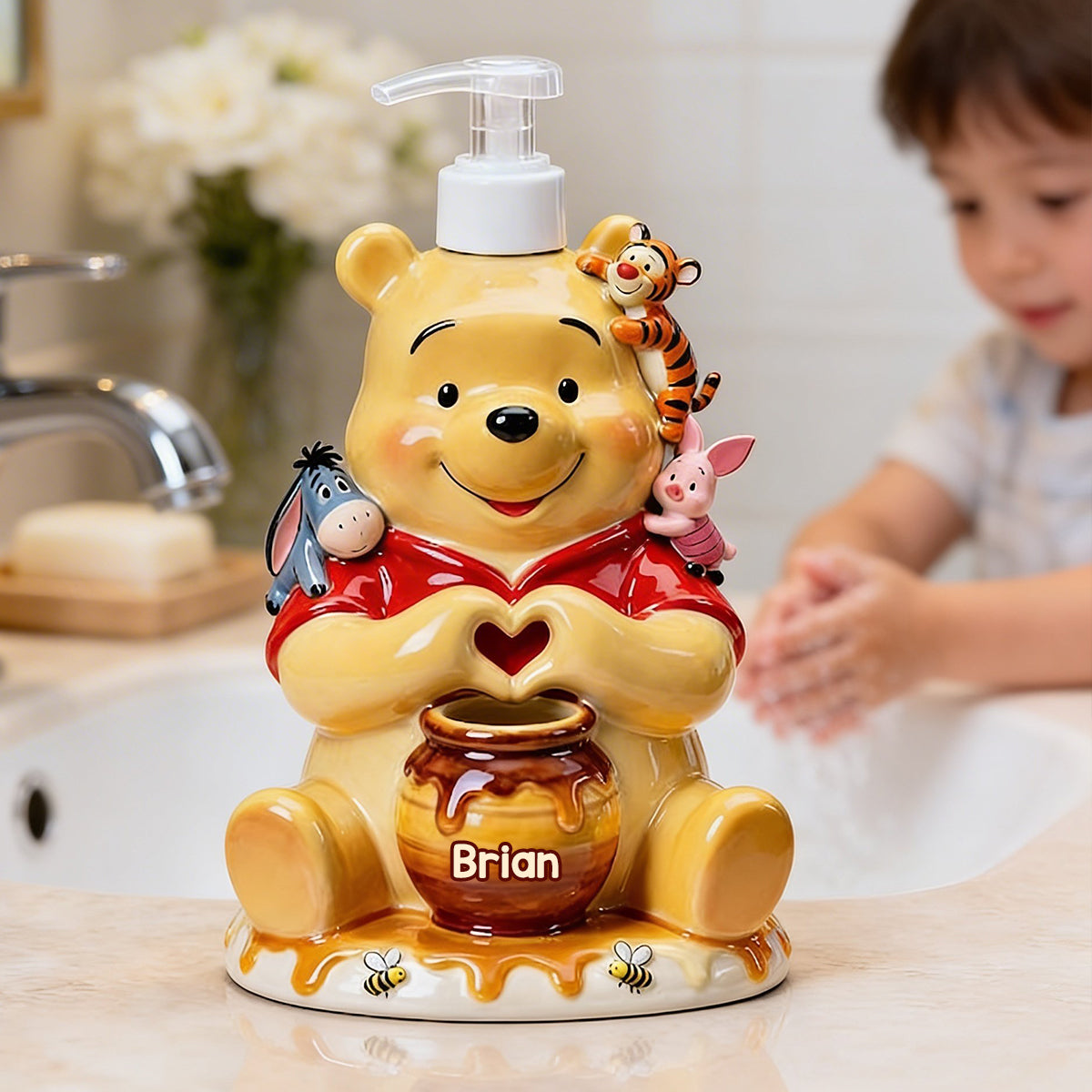Personalized Yellow Bear Soap Dispenser Custom Name Gift Pump Dispenser GradoCreations