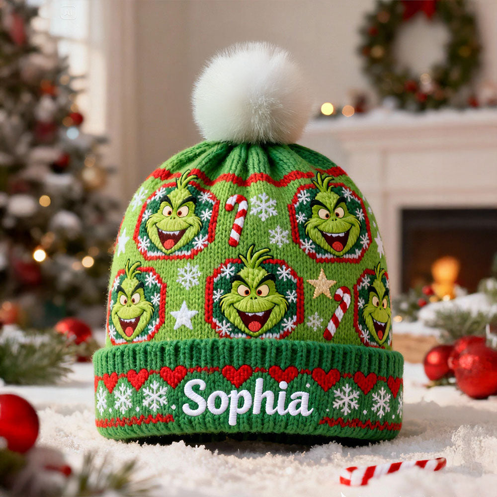Personalized Grinch Mass Beanie Hat Custom Name Holiday Gift Beanie Hat GradoCreations
